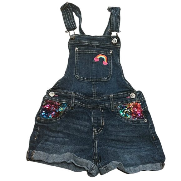 Vtg Jordache Kids Denim Bib Shortalls M(7/8) | Rainbow Sequin Pockets Embroidery - Picture 1 of 8
